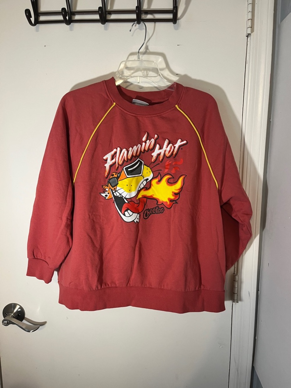 Flaming, Cheetos, graphic sweatshirt, size, medium, oversized, and baggy.